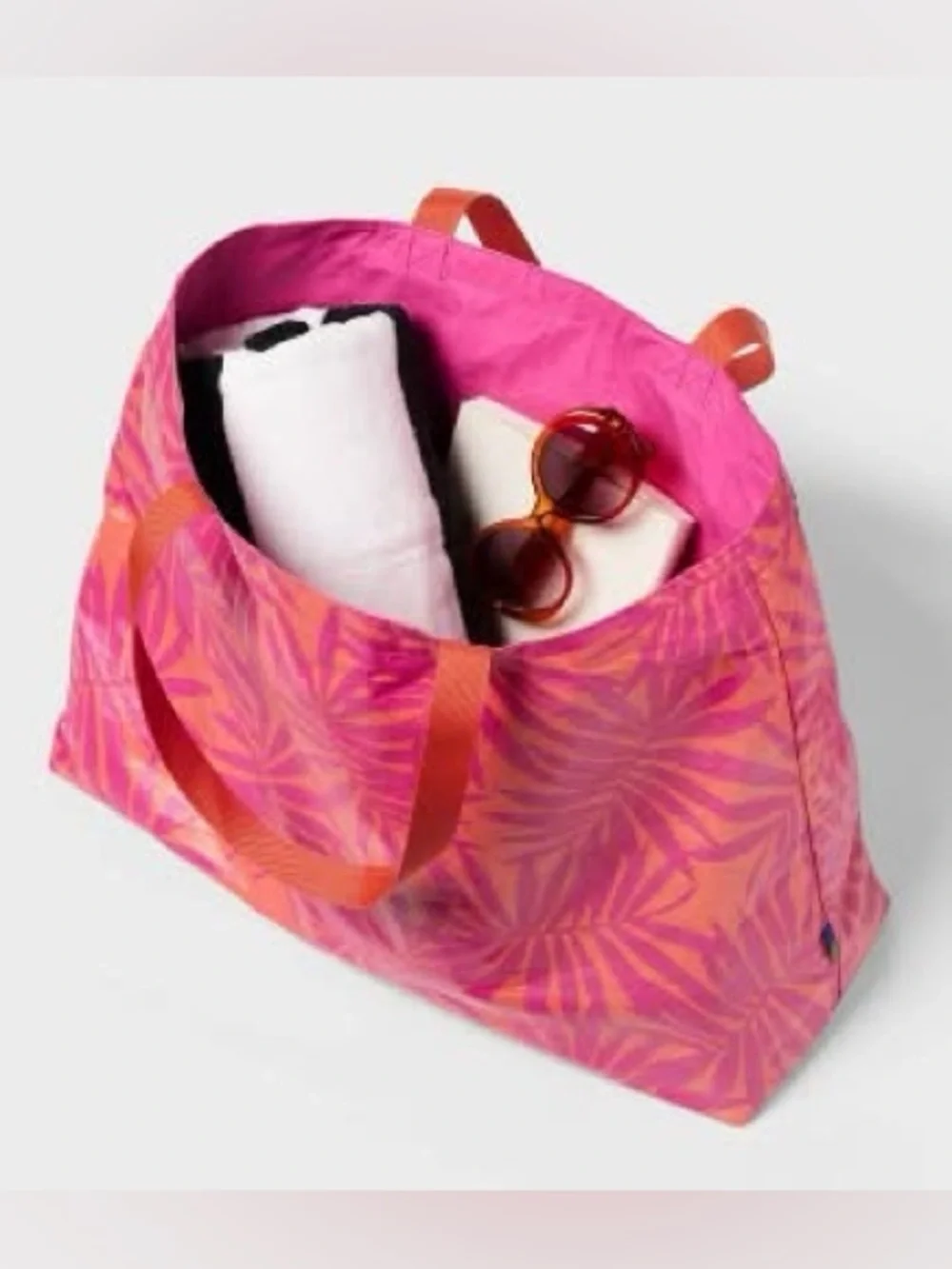 Tropical Palm Print Tote Bag in Pink and Orange - Picture 2 of 5